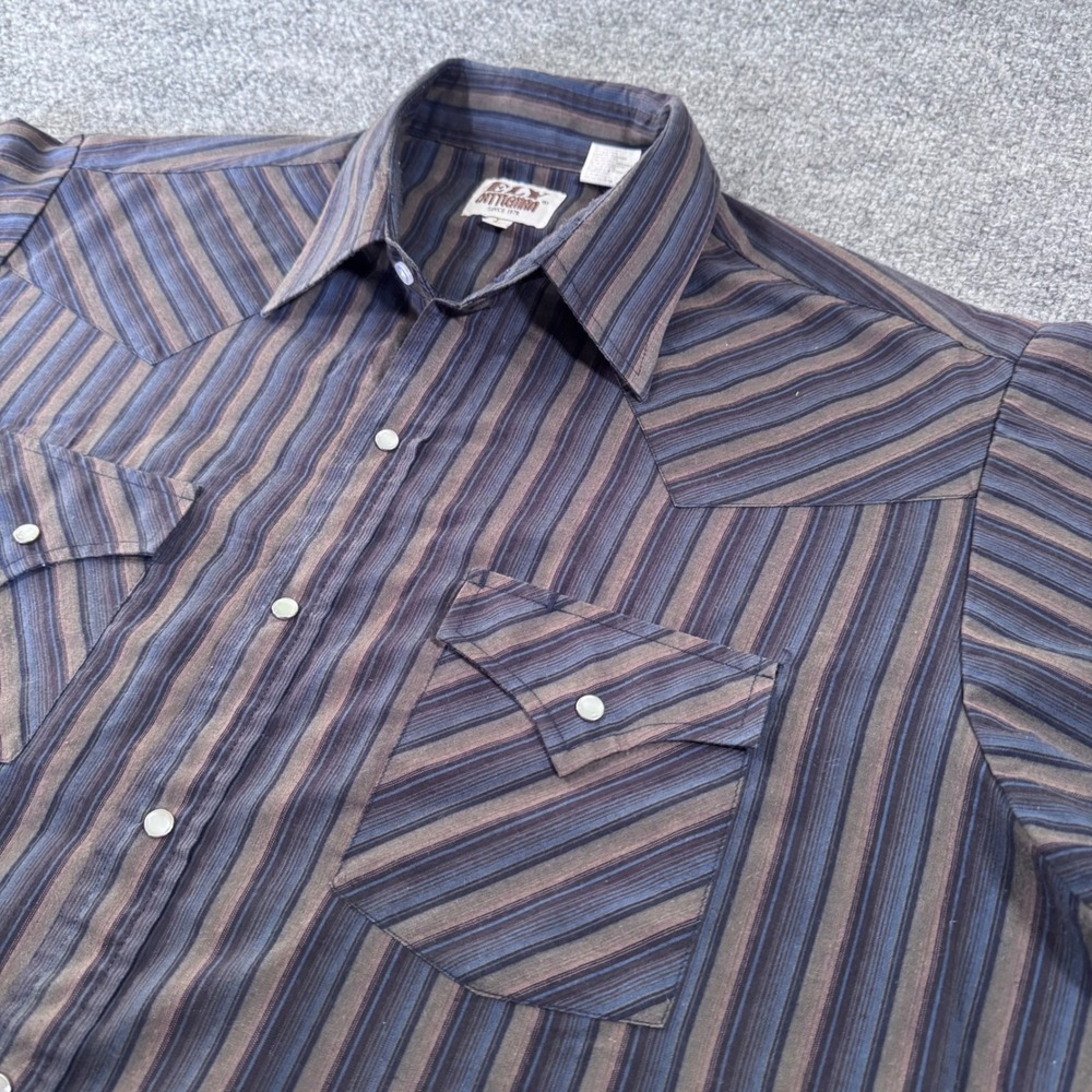 Ely Cattleman Western Shirt Mens L Pearl Snap Striped Poly Cotton  Brown